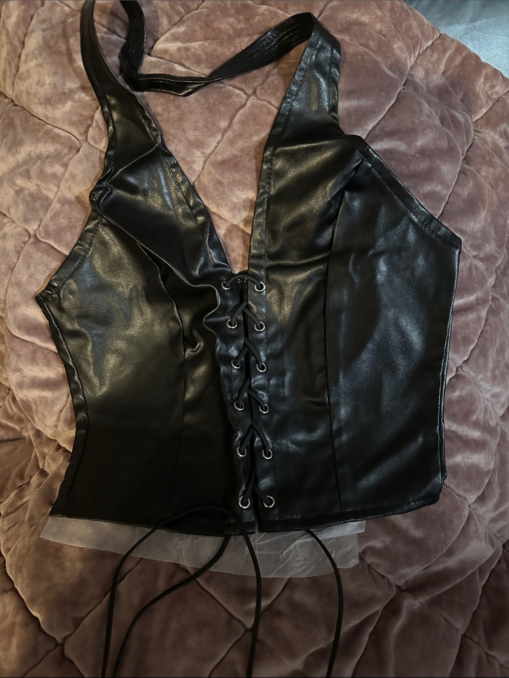 NEW Black Faux Leather Lace-Up Crop Top